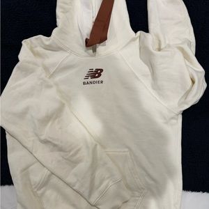 New Balance Cream Hoodie with Brown Logo and Drawstring